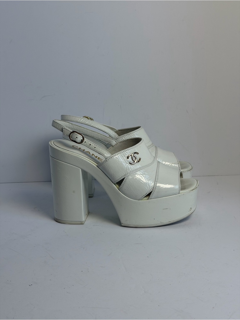 Chanel Pre-Fall 2023 Paris-Dakar Runway White Patent Leather Platform Slingback